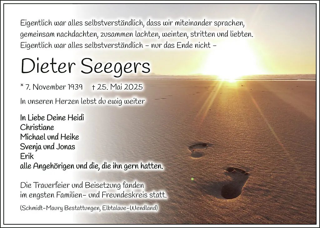 Traueranzeige Dieter Seegers